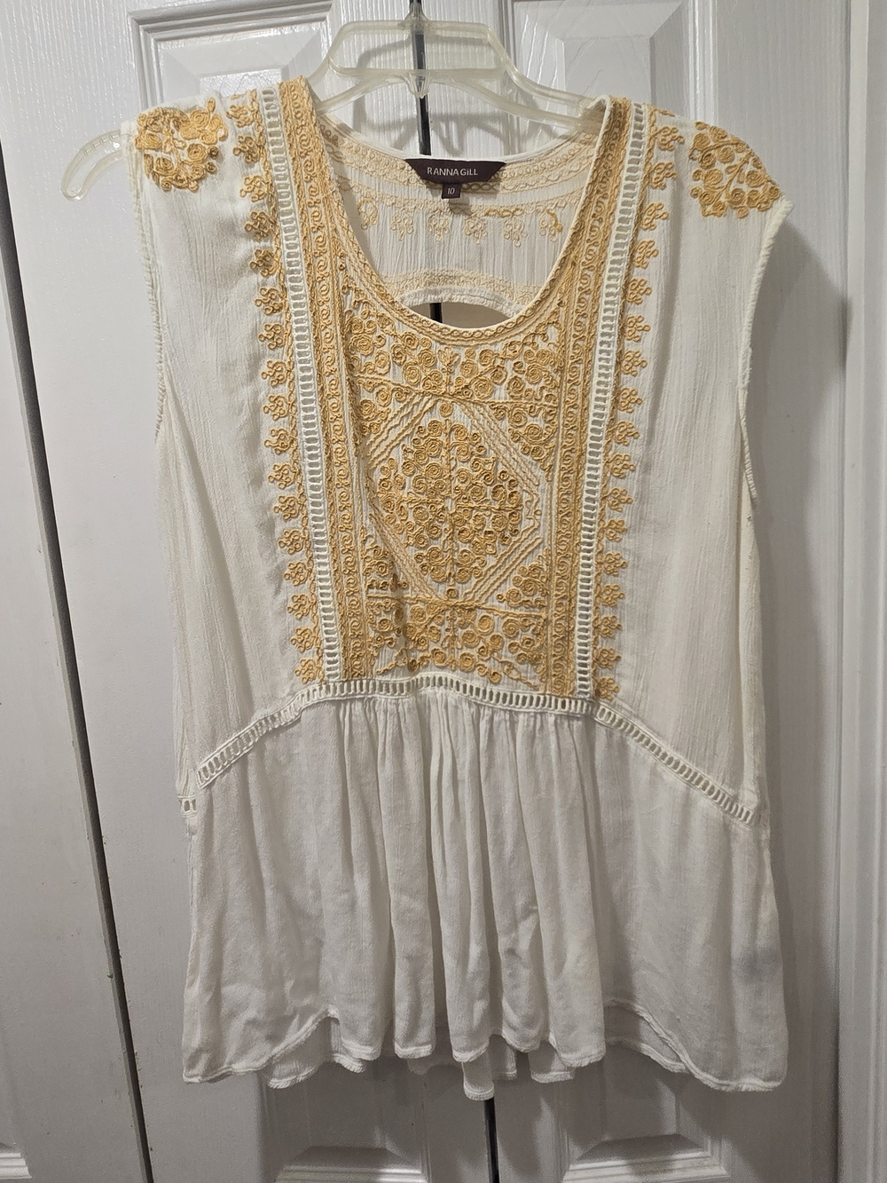 Ranna Gill Cream Tunic Top with Gold Embroidery